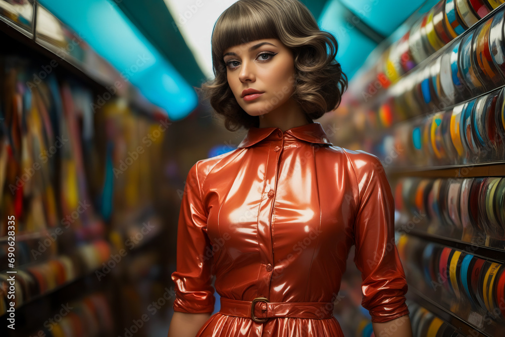 Woman in red leather dress is standing in store.
