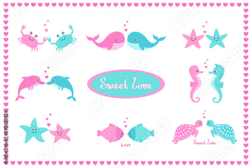 Set of animal couples for Valentine's day. Whale, dolphin, starfish, turtle, seahorse, crab, fish, with hearts and lettering.