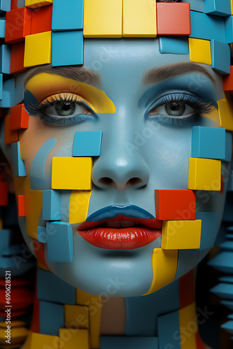 Woman with face painted with squares and lipstick on her face.