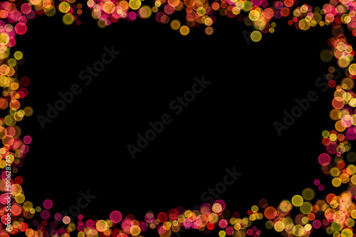 Fototapeta Naklejka Na Ścianę i Meble -  Bokeh lights effect on Pink, Purple, Orange, Yellow color, Black Background, Frame, Abstract Blur, Glitter, Defocused, Seamless polka dot pattern , Creative, Illustration design