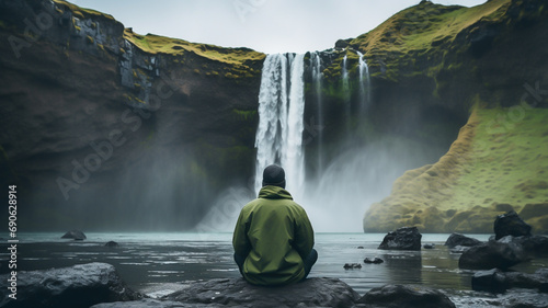 Backpacker standing in front of waterfall in Iceland