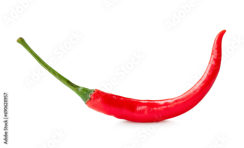 Single fresh red chili pepper isolated with clipping path and shadow in png file format. Front view and flat lay of curved red chili