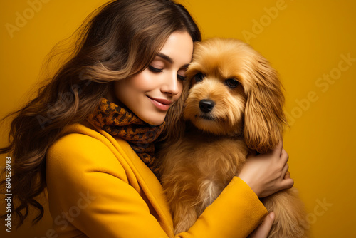 Woman holding dog in her arms and smiling at the camera.