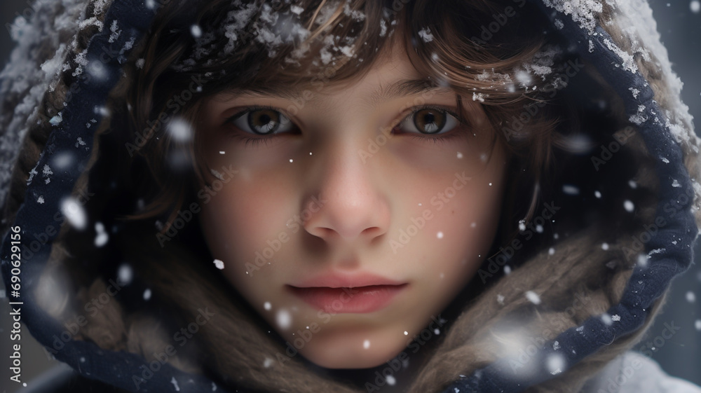 Close up portrait of boy during snowy frozen cold winter