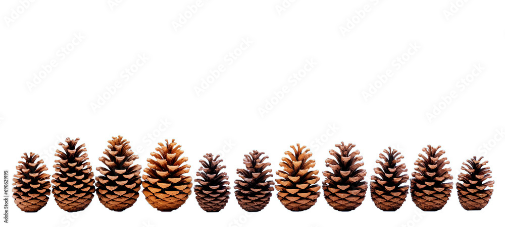 Pine cones in a row isolated photo Pine cones in a row isolated photo