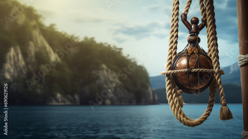 Scenic boat pulley with rope against nautical backdrop photo