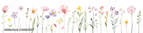 Watercolor wild flowers isolated on transparent background. 