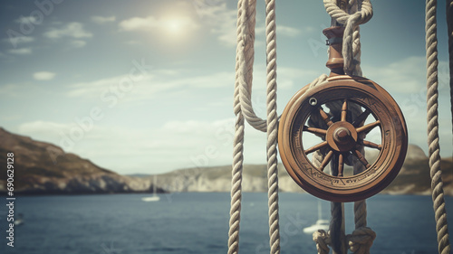 Scenic boat pulley with rope against nautical backdrop photo
