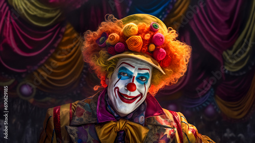 Clown with hat and clown makeup on his face and red wig. photo