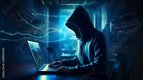 Hacker with hoody behind laptop or computer monitor, concept of cyber security and data network protection photo