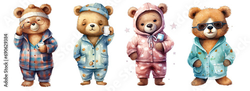Collection of PNG. Cute bear wearing pajamas. watercolor illustration isolated on a transparent background. photo