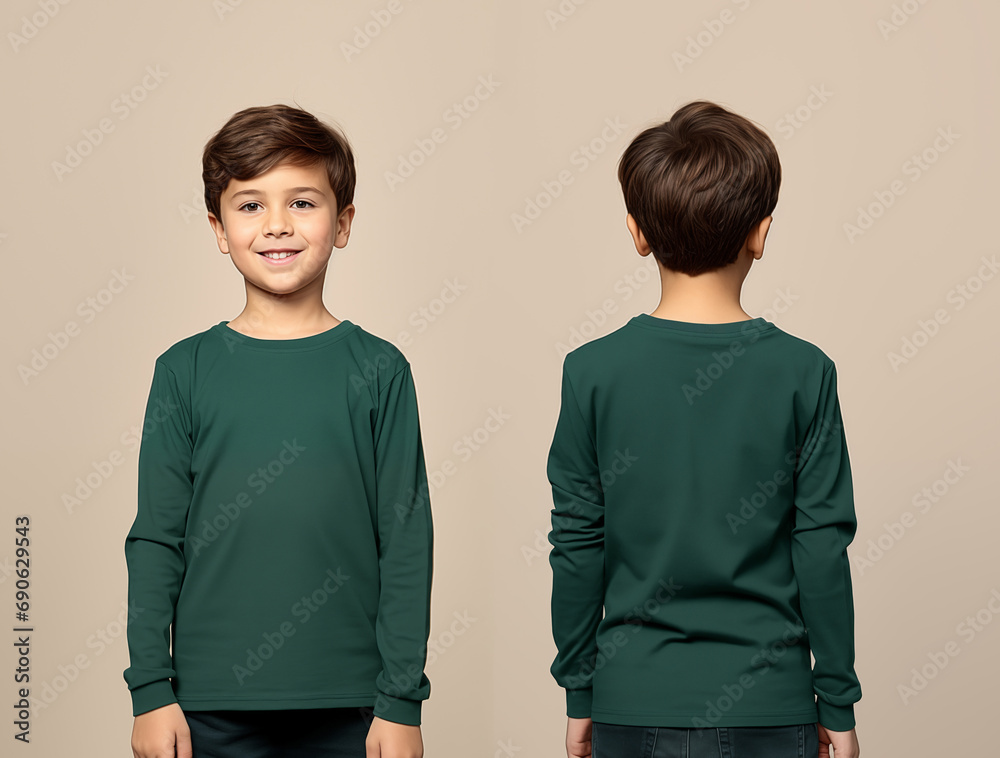 Front and back views of a little boy wearing a green long-sleeve T-shirt Front and back views of a little boy wearing a green long-sleeve T-shirt