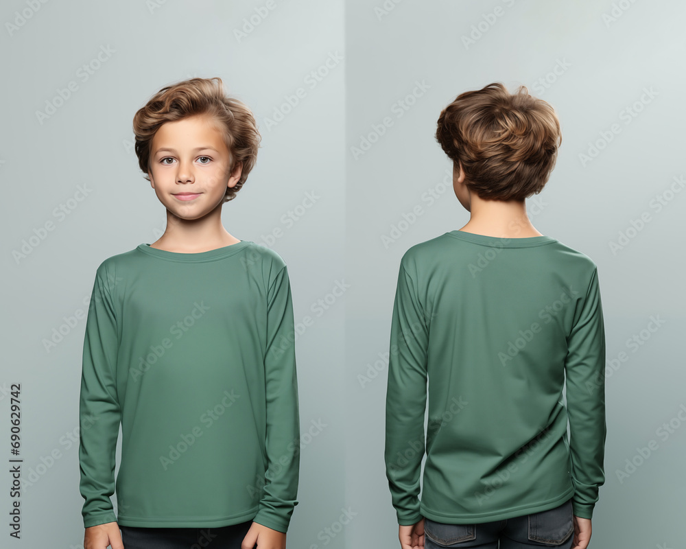 Front and back views of a little boy wearing a green long-sleeve T-shirt Front and back views of a little boy wearing a green long-sleeve T-shirt