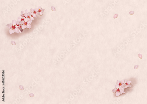 白い和紙の壁紙に桜の花のあるコピースペースのある背景素材