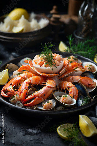 Colorful Crustaceans on Table: A vibrant photo showing a selection of colorful crustaceans on a table, ideal for attracting the attention of customers looking for attractive and appetizing images. - A