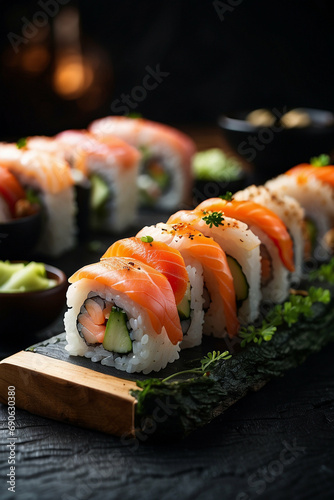 Handmade sushi on a table: an image that shows the skill and care involved in the artisanal preparation of sushi, conveying a feeling of authenticity and quality. - AI Generative