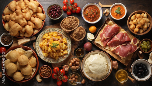 Assorted Spanish Food and rice dishes shot from overhead composition photo