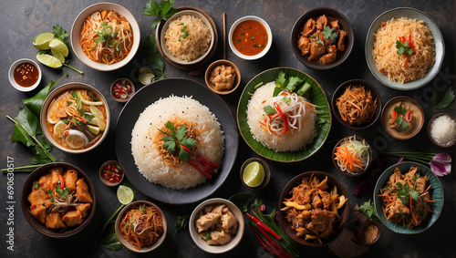 Assorted Thai Food and rice dishes shot from overhead composition