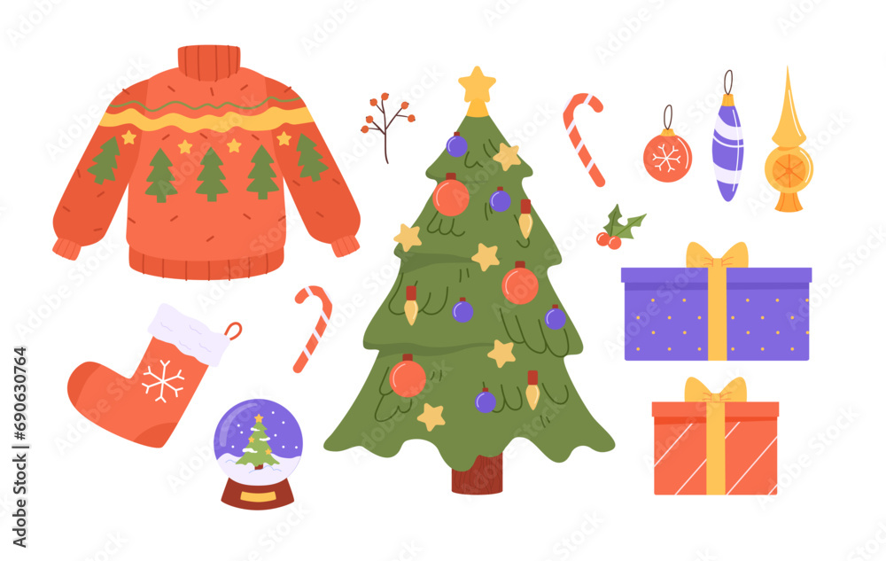 Christmas objects set. Warm sweater, tree and gift boxes with presents. Candy and caramel. Red sock and colorful balls, decorations. Cartoon flat vector collection isolated on white background