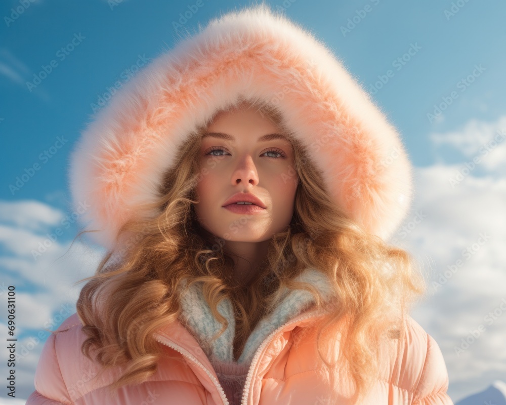 Stunning blonde woman glancing upward wearing a fur-trimmed hood, bright winter day Stunning blonde woman glancing upward wearing a fur-trimmed hood, bright winter day