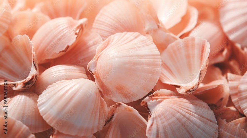 close up a scattering of peach-colored shells, banner, copy space