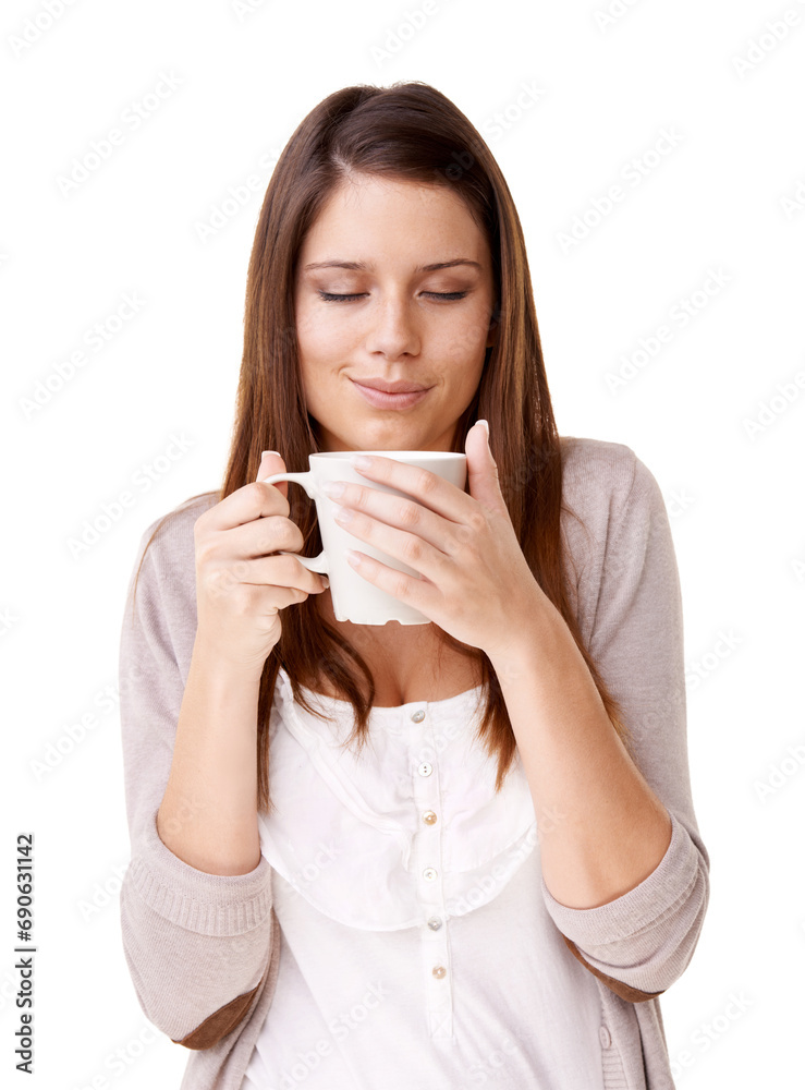 Coffee, relax and morning with a young woman in studio isolated on a white background for caffeine. Happy, calm and quiet with a confident person drinking tea from a mug or cup to start her day Coffee, relax and morning with a young woman in studio isolated on a white background for caffeine. Happy, calm and quiet with a confident person drinking tea from a mug or cup to start her day