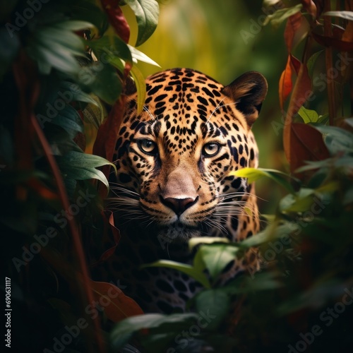 An intense leopard face emerges from a colorful curtain of foliage  enchanting viewers with its stare