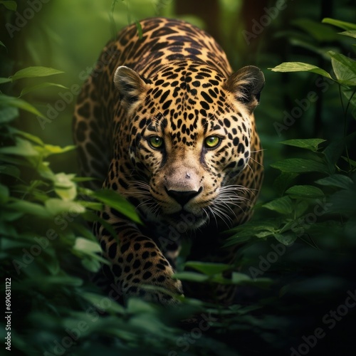 An elegant leopard moves stealthily through the jungle undergrowth, its gaze fixed and intense