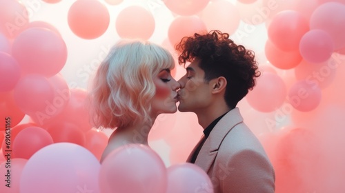 A dreamy portrait of a loving couple embracing and kissing surrounded by a multitude of soft pink balloons photo