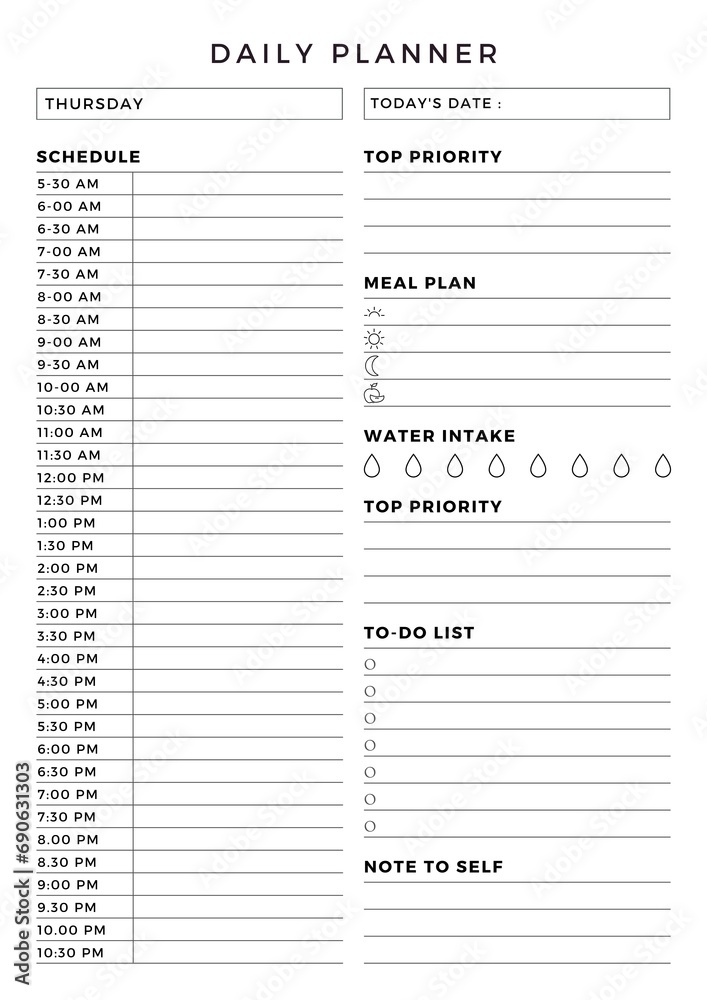 Minimalist planner pages templates. Daily Personal Planner. Organizer page, diary and daily control Book, notes for the day. Minimalist planner pages templates. Daily Personal Planner. Organizer page, diary and daily control Book, notes for the day.