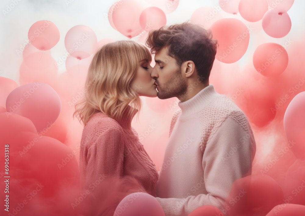 A loving couple kisses delicately, immersed in a sea of soft pink and heart-shaped balloons, evoking romance A loving couple kisses delicately, immersed in a sea of soft pink and heart-shaped balloons, evoking romance