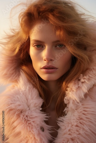 Close-up of a striking woman with amber hair enveloped in a fuzzy pink fur jacket