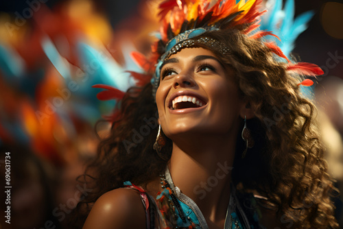 Beautiful woman in carnival costume at Brazilian dance carnival generated AI