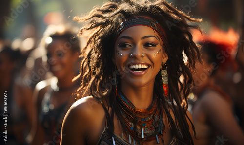 Beautiful woman in carnival costume at Brazilian dance carnival generated AI photo