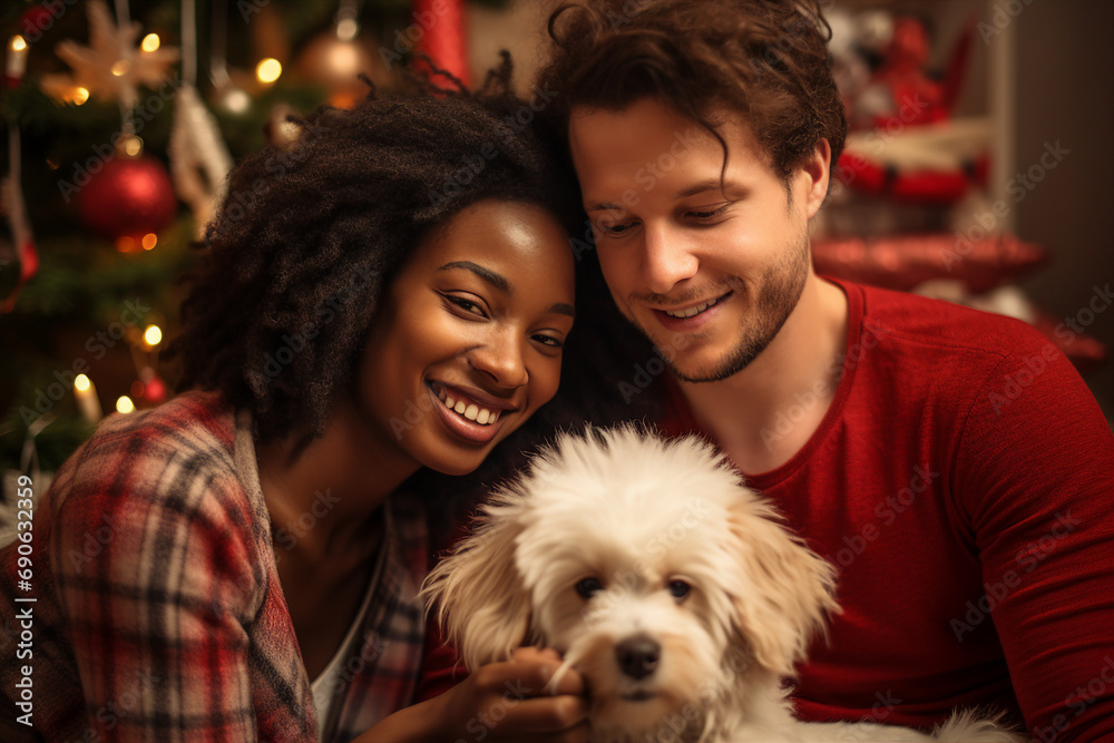 Young family with favorite pet doggy kitten sitting festive christmas table Generative AI Young family with favorite pet doggy kitten sitting festive christmas table Generative AI