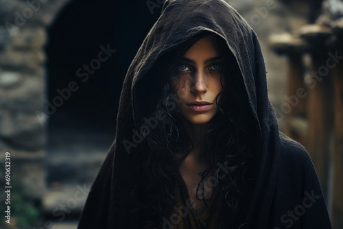 AI generated image of beautiful scary woman mysterious character in dark city