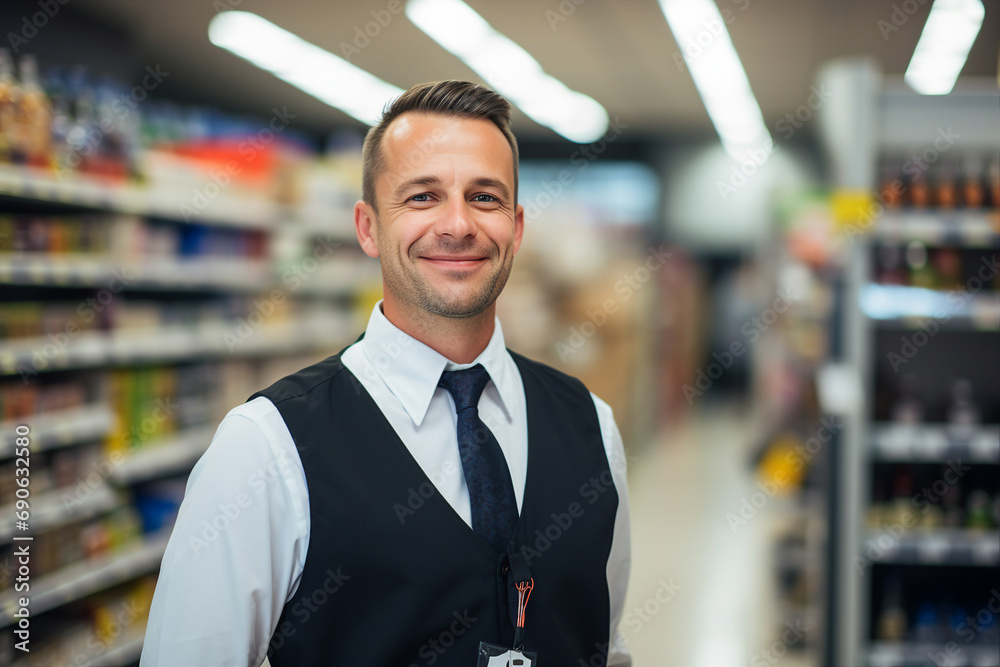 Generative ai picture of nice handsome man standing in supermarket Generative ai picture of nice handsome man standing in supermarket