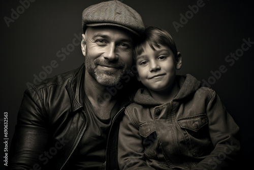 Generative ai picture portrait of handsome man cuddling little son isolated on grey color background