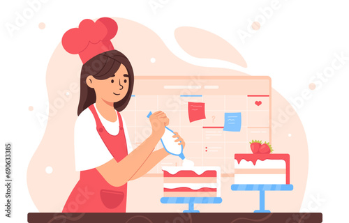 Confectioner at workplace concept. Woman in pink apron and hat with cake. Bakery and pastry. Girl prepare dessert and delicacy. Cartoon flat vector illustration isolated on white background