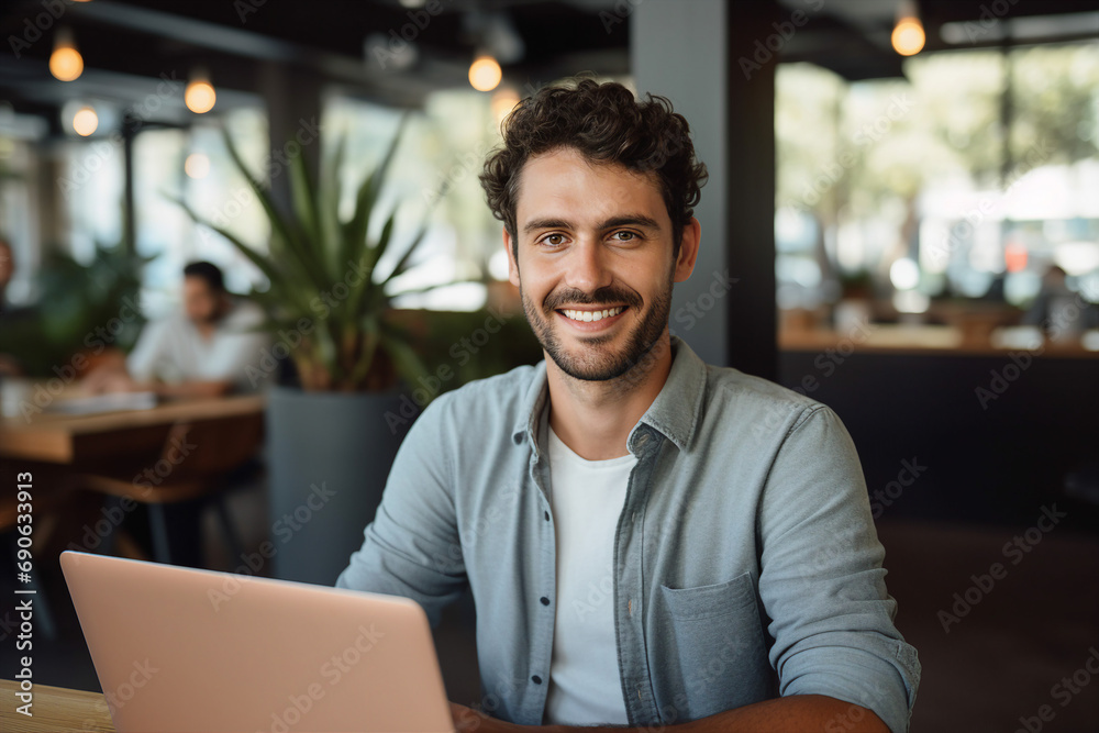 Obraz premium Generative AI conceptual portrait of successful business person man woman hacker programmer in office