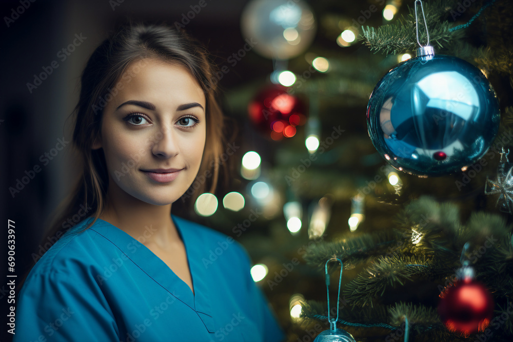 Generative AI image of smiling doctor in uniform working in a hospital decorated for christmas and new year holidays Generative AI image of smiling doctor in uniform working in a hospital decorated for christmas and new year holidays