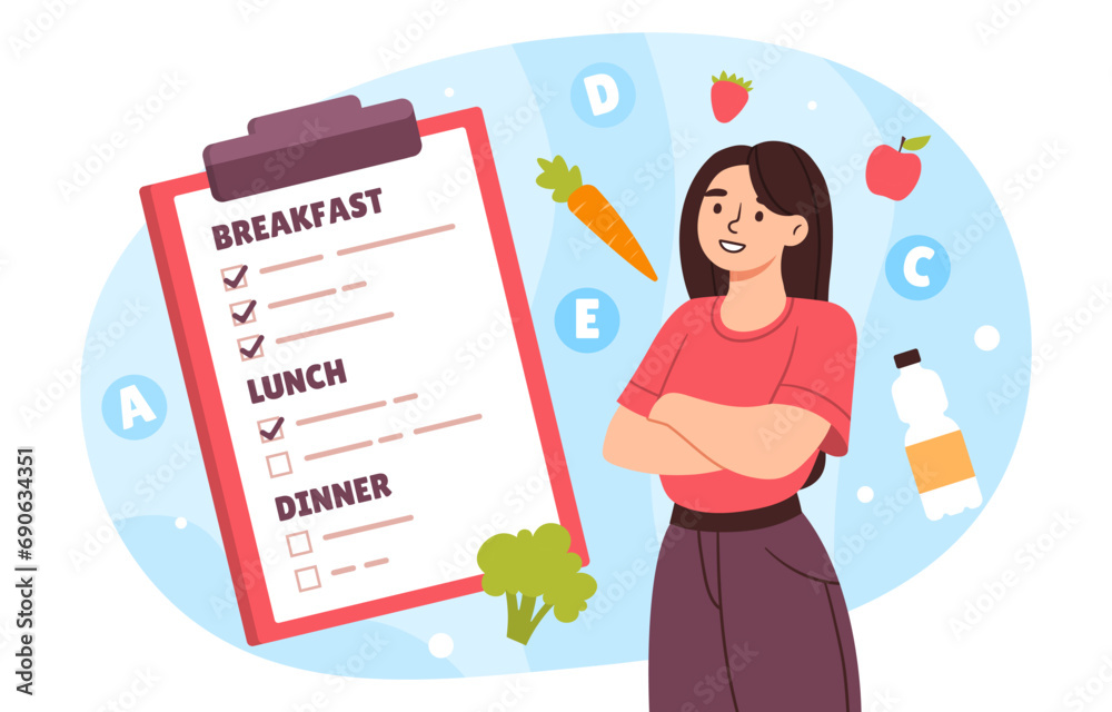 Woman with diet plan concept. Young girl with notepad near vegetables. Proper nutrition and healthy eating with vitamins. Cartoon flat vector illustration isolated on white background Woman with diet plan concept. Young girl with notepad near vegetables. Proper nutrition and healthy eating with vitamins. Cartoon flat vector illustration isolated on white background