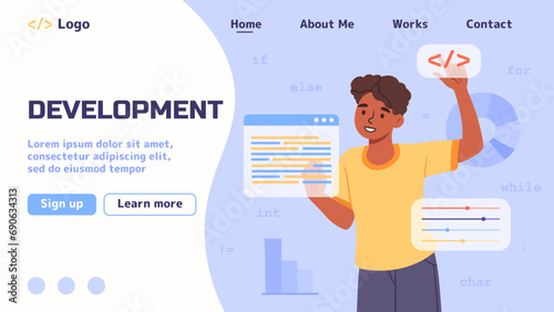 Website development concept. Graphic designer and freelancer with template of webpage. Front end developer of mobile applications. Landing page design. Cartoon flat vector illustration
