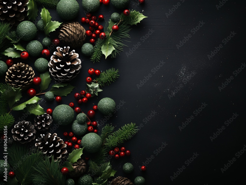 Top down perspective of festive Christmas decorations a New Year green backdrop