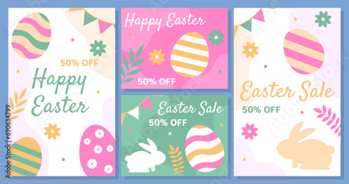 Easter banners set. Traditional spring festival and holiday. Colorful eggs and bunny ears. Covers or banners for website. Cartoon flat vector collection isolated on green background