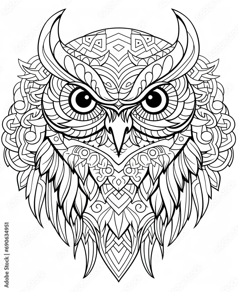 a lovely illustration of a drawing in the shape of an owl's head, owl mandala, creative design, Ai Generative