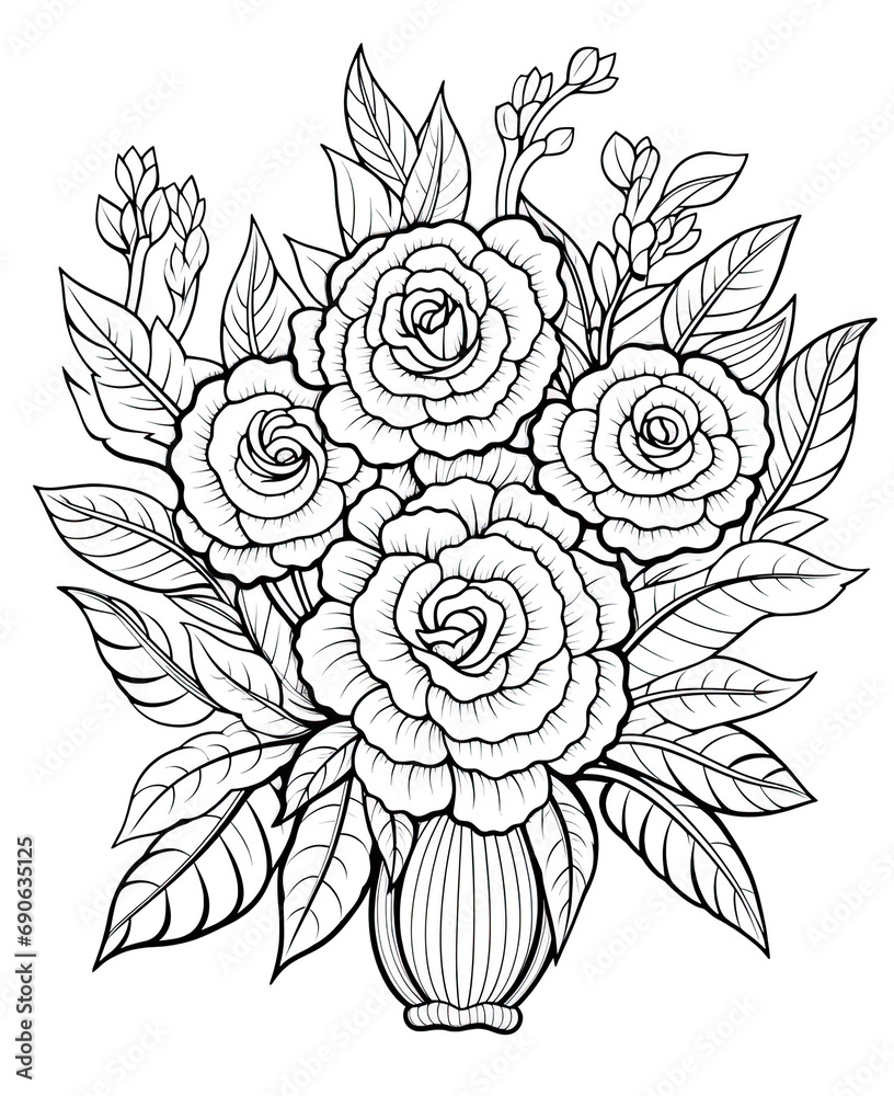 a pretty illustration of a drawing in the shape of a bouquet of roses and wild flowers, drawing for adults and children, ideal for relaxation activities, Ai Generative