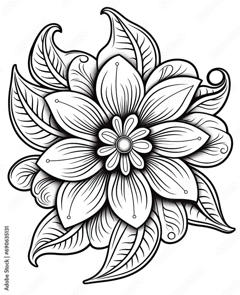 Fototapeta premium a lovely illustration of a wild flower design surrounded by leaves, design for adults and children, ideal for relaxation activities, Ai Generative