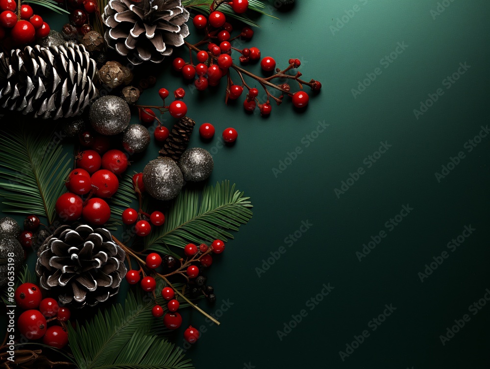 Top down perspective of festive Christmas decorations a New Year green backdrop