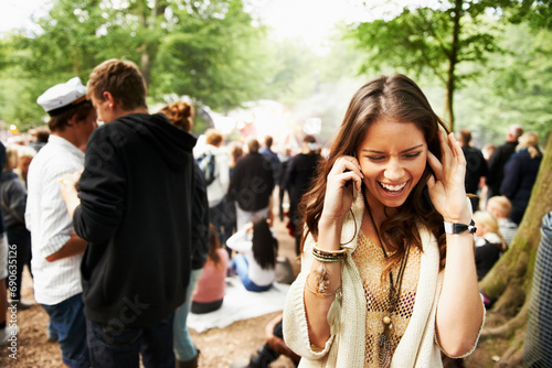 Obraz na plátne Woman, phone call and loud music festival for communication, conversation or networking in nature